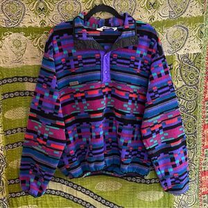 Vtg 80's Columbia Aztec Print Radial Sleeve 1/4 Snap Fleece Jacket Size L - HOLE
